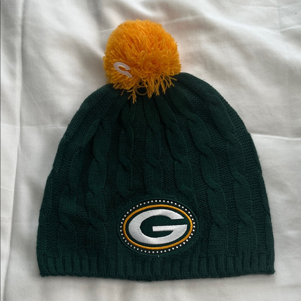 Green Bay Packer Rhine Stone Knit Beanie with Pom